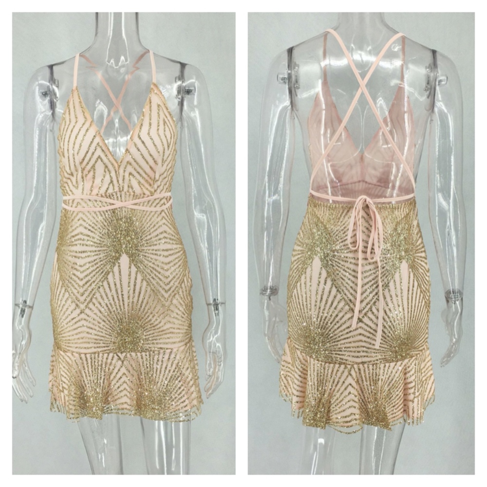 Deep V Backless Pink Mini Dress with Glitter - Picture 5 of 8